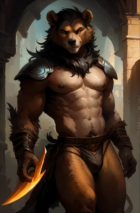 kenket, ross tran, ruan jia, bonifasko, a mighty male bear made out of (wandering barbarian), heterosexual, orange eyes, big black mane of hairs, fantasy portrait, finely detailed brown medieval underwear, intricate design, double blades, silk, cinematic l...