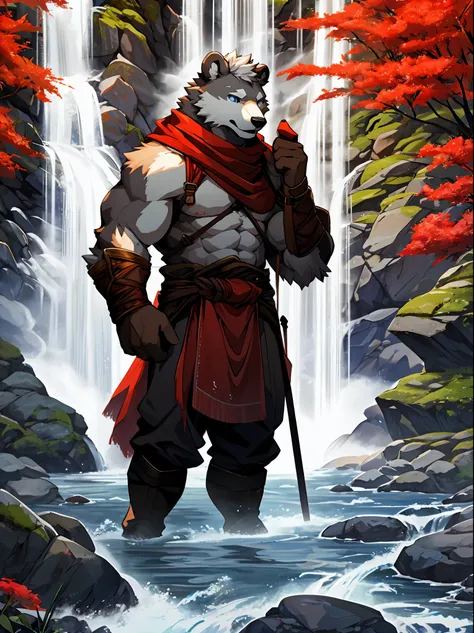 furry, solo, white bear, blue eyes, muscular, wear an adventurer’s outfit, red cloth, red scarf, behind is a mountain, waterfall...