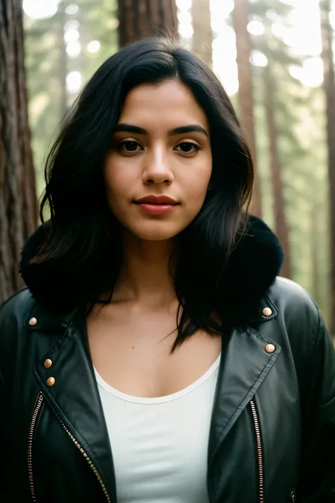 photograph of a woman, (sympathetic expression on his face), Ultra textured leather, face looks straight into the camera, goosebumps, jet black hair half up and half down, faux fur lined parka with skinny jeans, Group profile, tall ancient redwood trees, c...