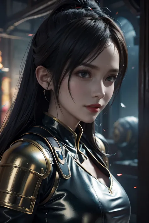 Game art，The best picture quality，Highest resolution，8K，(A bust photograph)，(Portrait)，(Head close-up:1.5)，(Rule of thirds)，Unreal Engine 5 rendering works， (The Girl of the Future)，(Female Warrior)， 
20岁少女，((Hunter))，An eye rich in detail，(Big breasts)，优雅...