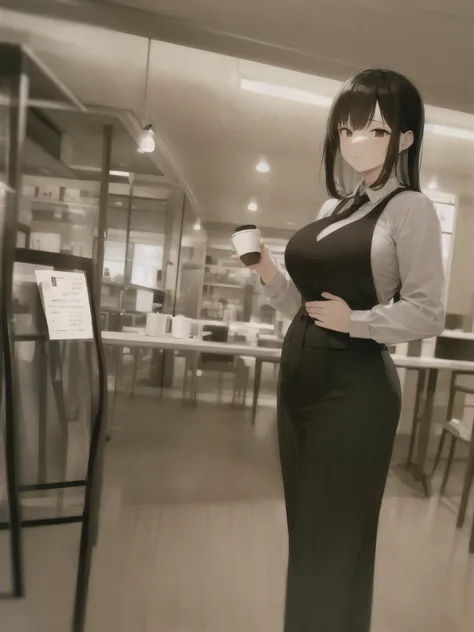 coffee、I think of you who won&#39;t come、adult elegant woman,adult middle age woman,down blouse,necktie,cafe,huge busty,sentimental,ennui,boredom,