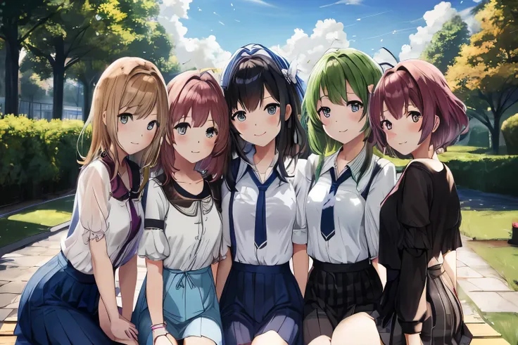 anime girls sitting on a bench in a park with trees in the background, anime girls, Kantai Collection Style, girls front line style, ecchi anime style, anime style 4k, Hololive, anime! 4K, anime! 4k, beautiful anime high school girl, cute anime, visual nov...