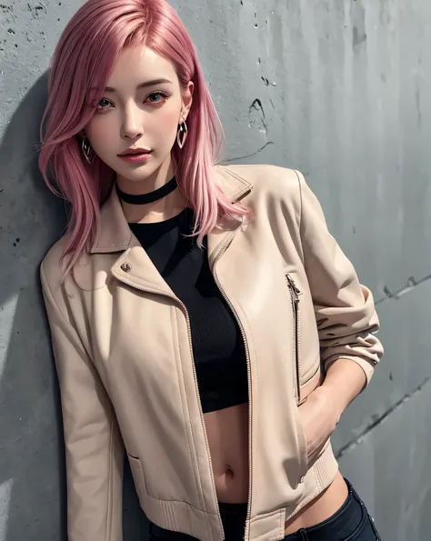 (masterpiece, highest quality, 1 girl, alone, intricate details, chromatic aberration), realistic, ((Medium breathing)),long hair, pink hair, red headdress, pink highlights, hair above one eye,purple eyes, earrings, clear eyes, choker, Neon Shirt, open jac...