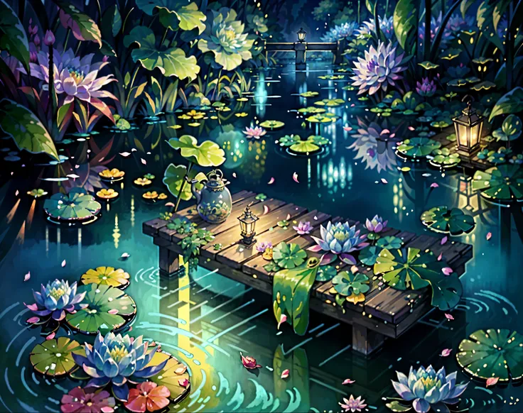 Original，（illustratio：1.1），（best qualtiy），（tmasterpiece：1.1），（the Extremely Detailed CG Unity 8K Wallpapers），（a color：1.2），water lilies，Water lily petals，scenecy，rios|Wagas, at night, lights