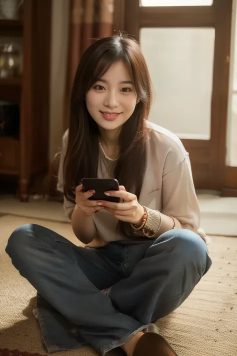 Arab asian woman sitting on floor with mobile phone, asian young girl, wearing casual clothes, cute young woman, wearing casual clothes, face of young cute asian man, mid shot portrait, 60mm portrait, DSLR 5 0mm portrait photography, young and cute girl, c...