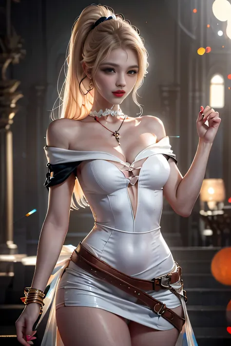 1 beutiful girl, (off shoulder translucent、Pure white dress mini skirt type), purple platinum long ponytail hair, jewelry, ear jewelry,, Carefully drawn large purple eyes, Be careful with makeup, thin eyebrows, high nose, Beautiful red lips, No smile, purs...