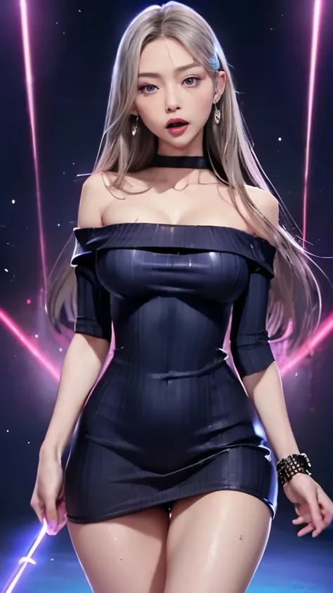 (masterpiece:1.3), (8K, realistic, RAW photo, highest quality: 1.4), (Young Adult Girls), beautiful face, young and beautiful big breasts、big cleavage、(thin face、big earrings、Small Gems、wrist accessories、waist accessories), beautiful ash gray hair color, m...