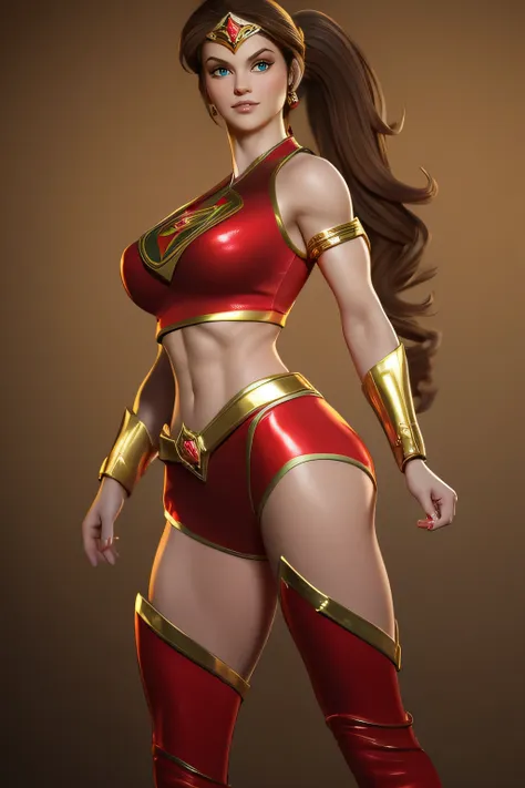 sexy alexandra daddario as a beautiful female superheroine , green eyes brown hair, ponytail, red crop shirt, with a golden star...