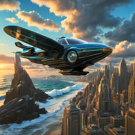 art deco style flying car, art deco style science fiction, background is vast beautiful ocean

(best quality,4k,8k,highres,maste...