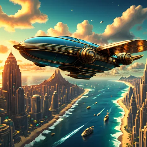 art deco style flying car, art deco style science fiction, background is vast beautiful ocean

(best quality,4k,8k,highres,maste...