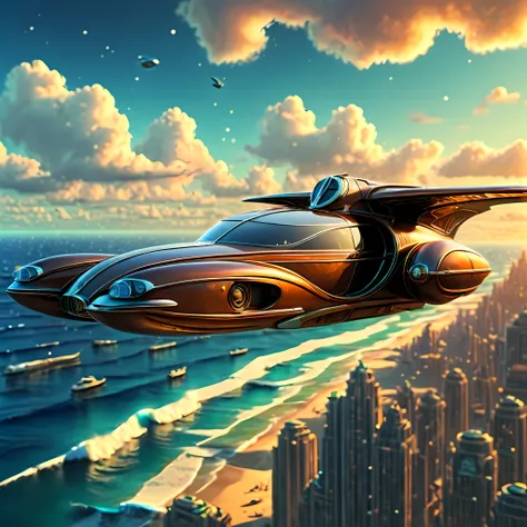 art deco style flying car, art deco style science fiction, background is vast beautiful ocean

(best quality,4k,8k,highres,maste...