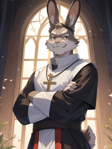 looking at viewer, (best quality), (masterpiece), (ultra detailed), sharp focus, niji, eyesgod, brown eye, furry, solo, grey fur, full body, crossed arms, kind smile, humble smile, anthro (rabbit), male, (rabbit), middle-aged around 40 years old, skinny, p...