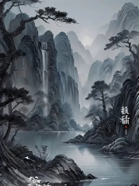 ((masterpiece、highest quality、genuine、super detailed、high resolution))、(chinese border painting art style landscape painting)、st...