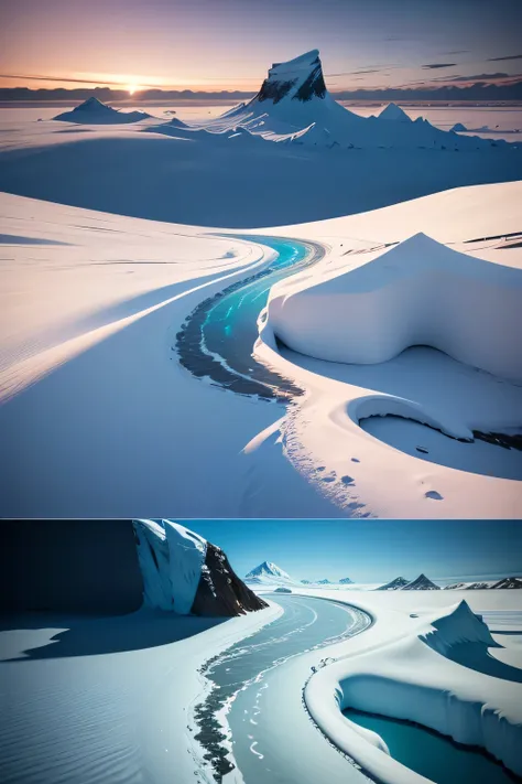 Create an artwork featuring key elements of Antarcticas polar desert, such as icebergs, snow-covered terrain, and an expansive, frozen sea. Showcase the tranquility and grandeur of this unique desert environment.

Keywords: Polar desert elements, icebergs,...