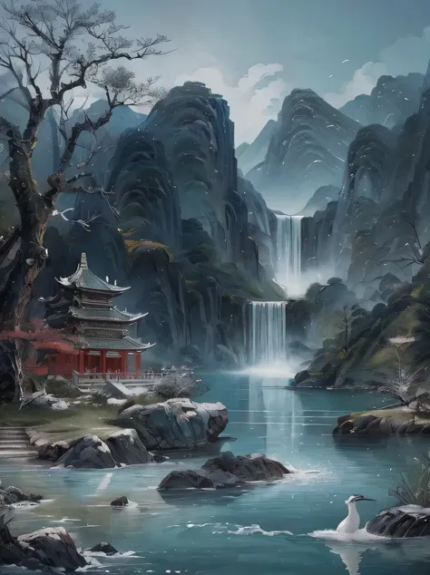 ((masterpiece、highest quality、genuine、Super detailed、High resolution))、(Chinese border painting art style landscape painting)、stick figure、((Chinese ink painting))、spring、dense forest、lake、cave、waterfall、forest、grassland、Rock Mountain、deer、great compositio...