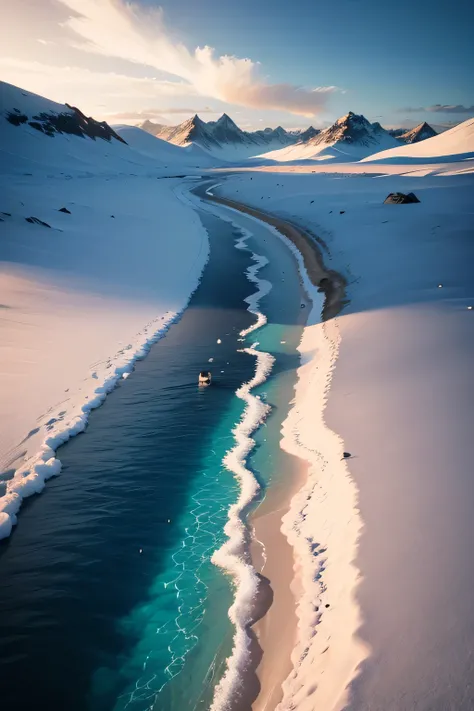 Capture the stark beauty of Antarctica, showcasing its icy desert expanse under a clear, cold sky. Emphasize the vast, untouched landscapes and the unique contrast between the cold environment and the potential for diverse sea life beneath.