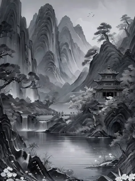 ((masterpiece、highest quality、genuine、super detailed、high resolution))、(chinese border painting art style landscape painting)、st...