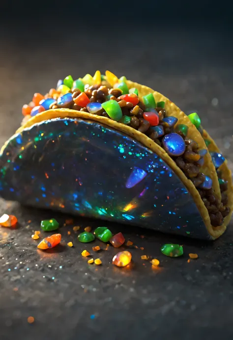 fairy tale object, taco dinner made of black opal, macro lens, unique, beautifully, sparkle sparkle sparkle sparkle, 3d renderin...