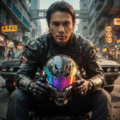 best quality, masterpiece, ultra-detailed, cinematic scene inspired by Michael bay , action scene, facing foward, cubby Indonesian man, Indonesian Face, holding faceless futuristik fitted helmet with vibrant visor, Sitting on front of Futuristik Cyberpunk ...