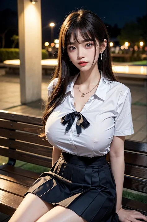 korean school uniform、school uniform shirt、（white shirt with transparent underwear）ribbon、skirt、light brown hair、Poolside at night school、Poolside bench at night、dark atmosphere、8K RAW photo、High resolution、Cute Japan 17 years old、(very big round breasts:1...