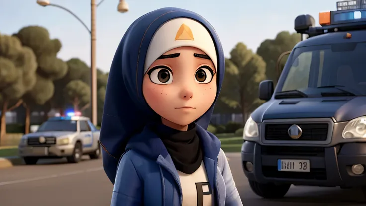 A teenage woman wearing a hijab wearing a detective outfit, with a suspicious facial expression, at a police line location