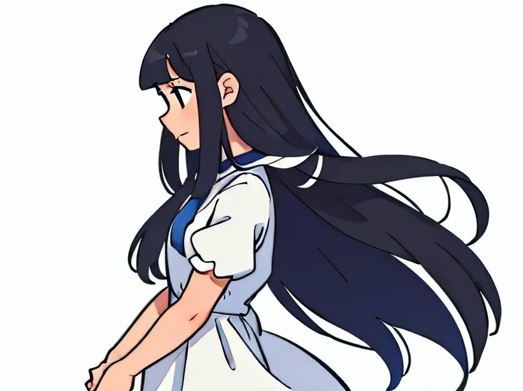 side view illustration of a girl having long hair with bangs, wearing a dress, , detailed