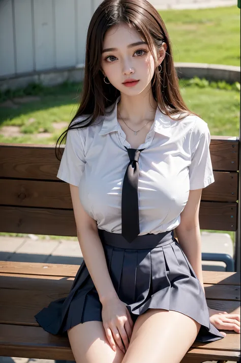 korean school uniform、school uniform shirt、（White shirt with sheer nipples）、tie、skirt、light brown hair、School bench、bright atmosphere、8K RAW photo、High resolution、Cute Japan 17 years old、(big round breasts:1.6)、beautiful eyes、detailed eyes、drawn in detail、...