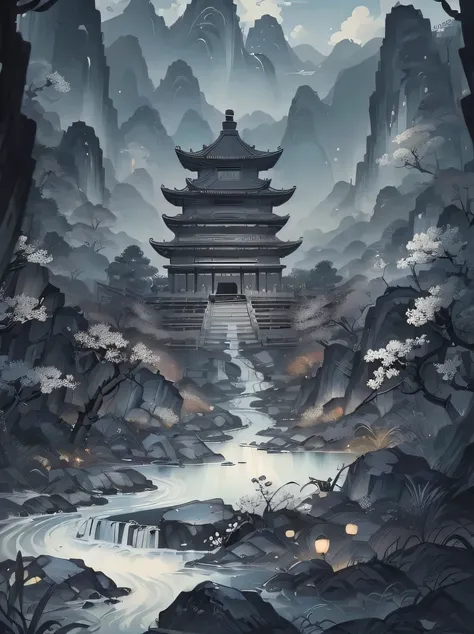 ((masterpiece、highest quality、genuine、Super detailed、High resolution))、(Chinese border painting art style landscape painting)、stick figure、((Chinese ink painting))、spring、dense forest、lake、cave、waterfall、forest、grassland、Rock Mountain、deer、great compositio...