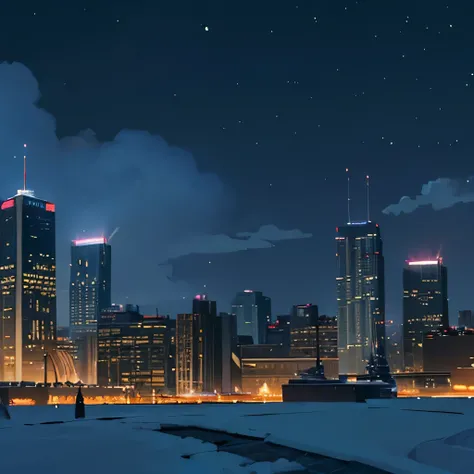 winter city、night、look up at skyscrapers、雪のある空のscenery、cloudy sky me、stage、You can feel the feel of the brush、no one、Studio Ghibli、Ghibli、scenery、style、The light is sparkling、skyline、Low angle -- automatic