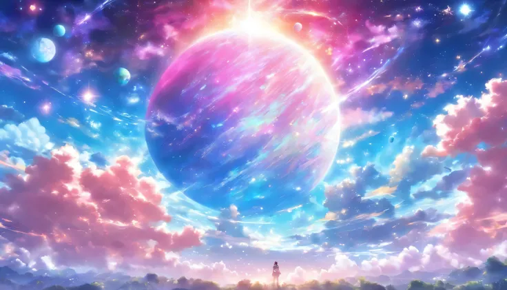 anime - style scene of a beautiful sky with a star and a planet, cosmic skies. by makoto shinkai, anime art wallpaper 4k, anime art wallpaper 4 k, anime art wallpaper 8 k, anime wallpaper 4k, anime wallpaper 4 k, 4k anime wallpaper, anime sky, amazing wall...