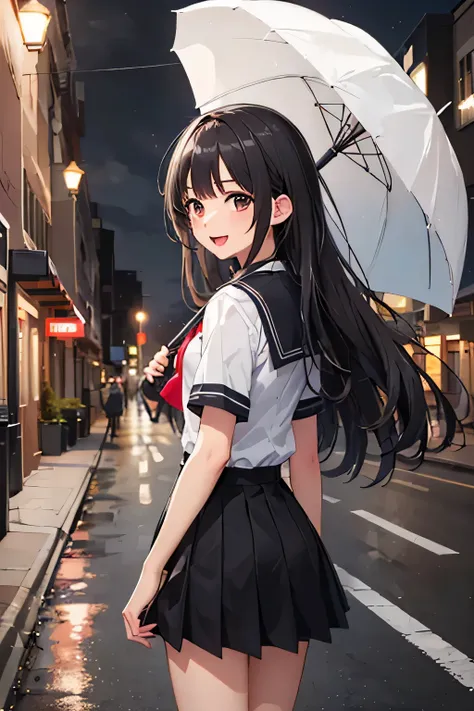 (masterpiece, ultra high resolution, highest quality:1.1), (flat color), 1 girl, alone, （red umbrella）、Ten generations, cowboy shot, (Depth of written boundary:1.2), (noon), (high school girl uniform), (street light:1.1), (Fantastic lighting),((Rear view))...