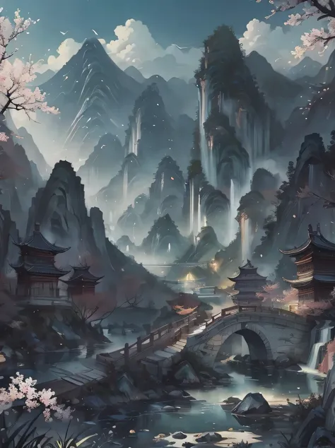 ((masterpiece、highest quality、genuine、Super detailed、High resolution))、(Chinese border painting art style landscape painting)、stick figure、((Chinese ink painting))、spring、dense forest、lake、cave、waterfall、forest、grassland、Rock Mountain、deer、great compositio...