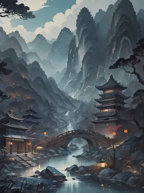 ((masterpiece、highest quality、genuine、super detailed、high resolution))、(chinese border painting art style landscape painting)、st...