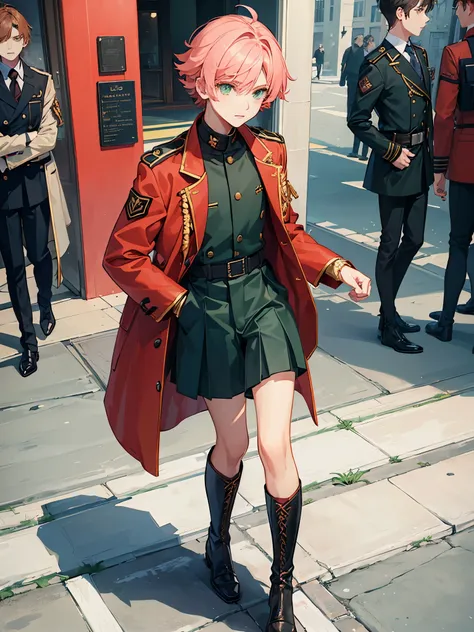 ((a boy)), coral hair, green eyes, ((idol clothes)), long boots, ((Beautiful boy)), military jacket, ((individual)), ((boys&#39; school uniforms))