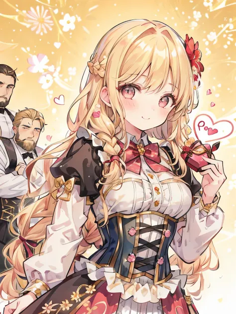 girl,(golden hair),(Fluffy long hair),(braid:1.2),((corset)),(()),big smile,cute,close up of face,(Flower background:1.3),((Strong men like bodybuilders behind me)),((valentine&#39;s atmosphere))