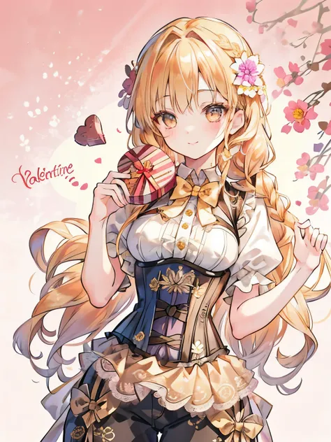 girl,(golden hair),(Fluffy long hair),(braid:1.2),((corset)),((lace style pants style)),big smile,cute,close up of face,(Flower background:1.3),((valentine&#39;s atmosphere))