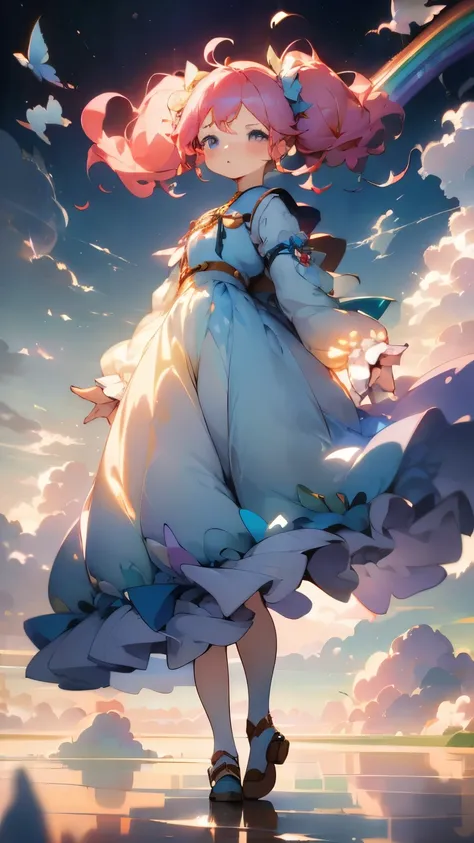 (((floating in the sky:1.2、one girl、stand on the clouds)))、Magical girl、Pastel clouds、perfect anatomy、small face、small nose、plump lips、twin tails、rainbow colored hair、Messy clothes、disheveled clothes、unreasonable、fly in the sky、(((背景はPastel clouds:1.5、rain...