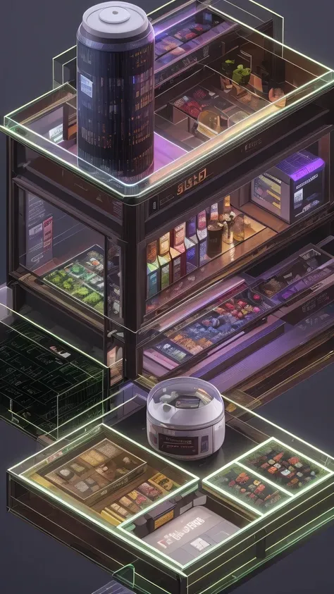 3026 Cyberpunk, Norin Keyes, isometic render,cafes, bar, coffee shop, spiral staircase, Isometric display case, Nolin teardown, Transparent data visualization infographic, High-resolution OLED GUI interface display, high contrast, micro details, octane ren...