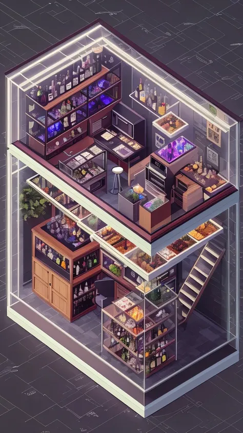 3026 Cyberpunk, Norin Keyes, isometic render,cafes, bar, coffee shop, spiral staircase, Isometric display case, Nolin teardown, Transparent data visualization infographic, High-resolution OLED GUI interface display, high contrast, micro details, octane ren...