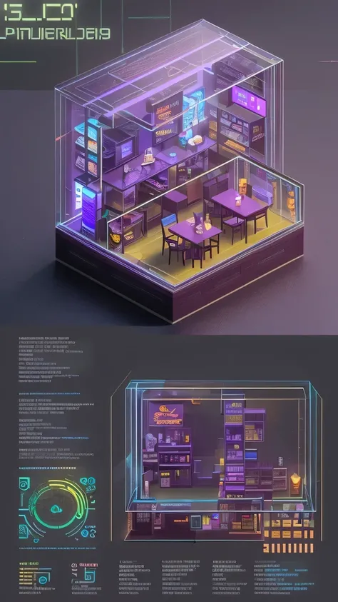 3026 Cyberpunk, Norin Keyes, isometic render,cafes, bar, coffee shop, spiral staircase, Isometric display case, Nolin teardown, Transparent data visualization infographic, High-resolution OLED GUI interface display, high contrast, micro details, octane ren...