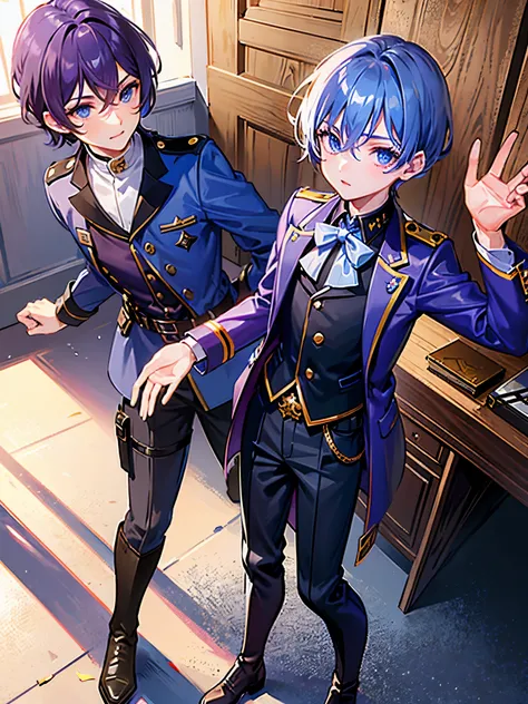 ((a boy)), purple hair, blue eyes, long boots, ((Beautiful boy)), military jacket, ((individual)), ((boys&#39; school uniforms))
