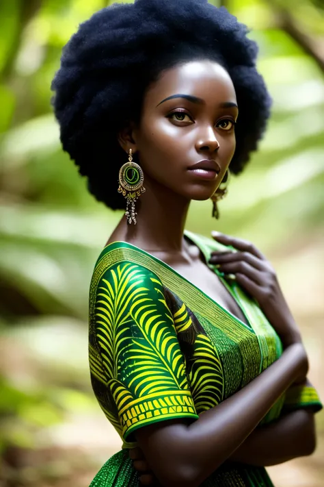 Amidst the enchanting expanse of a forest, a stunning African woman adorned in traditional attire and intricately designed tattoos in vibrant green hues stands proudly. The entire scene is engulfed in the captivating allure of black and white colour gradin...