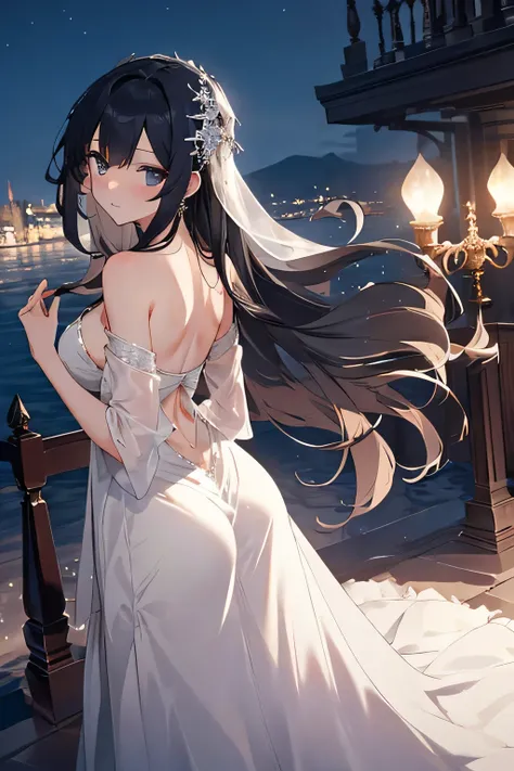 Craft an enchanting scene set against the backdrop of a nighttime vista, where a girl exudes an aura of elegance and grace that beckons you closer. Envision her silhouette bathed in the soft glow of moonlight, her figure swathed in a flowing gown that bill...