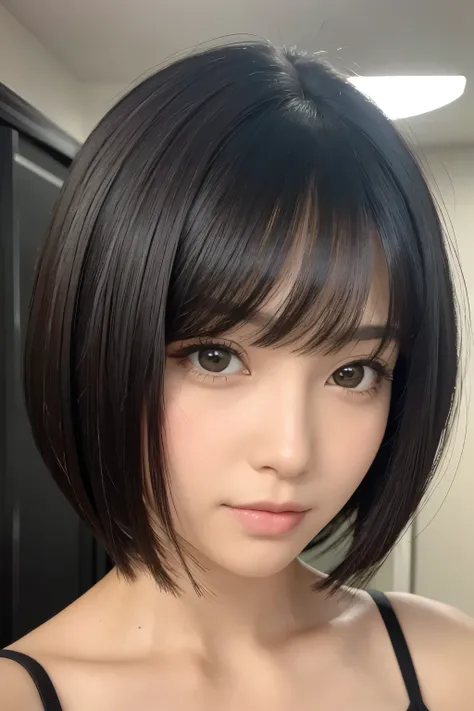 masterpiece high quality,close up of the face, front face , girl,big eye,,,, black short bob,
