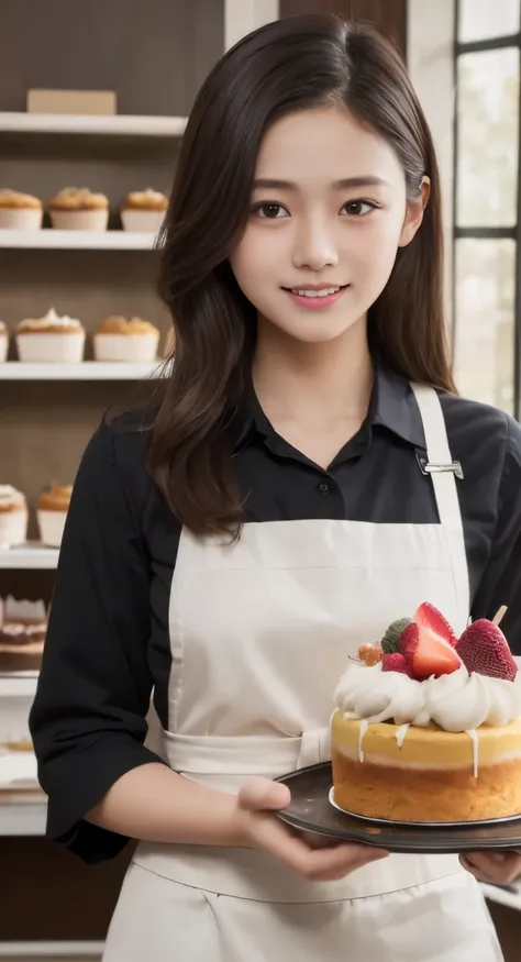 (highest quality、masterpiece:1.2)、highest quality、realistic、photograph、High resolution、1080P、8K、rough skin、physical rendering、1 Japanese women、high school student、cute、young face、curled hair、(patissier:1.5)、Cake shop、full of embarrassment、smile、big