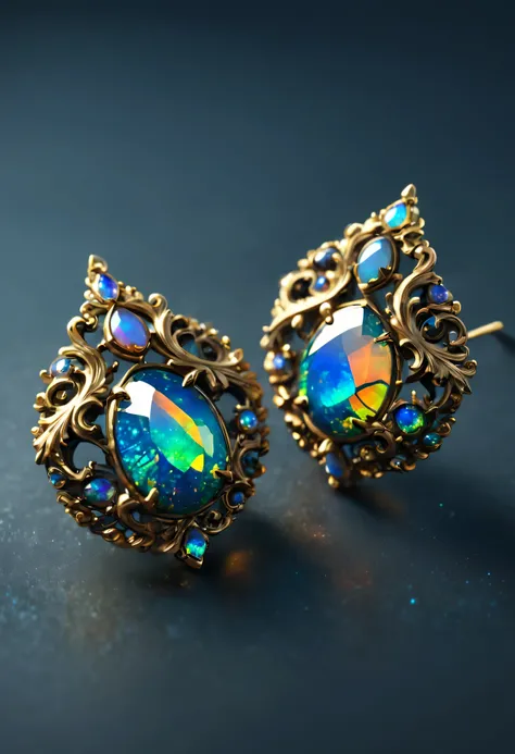 fairy tale object,  single earring made of black opal, gorgeous, gold plated macro lens, unique, beautifully, sparkle sparkle sp...