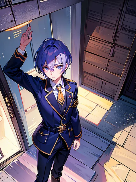 ((a boy)), purple hair, blue eyes, long boots, ((Beautiful boy)), military jacket, ((individual)), ((boys&#39; school uniforms))
