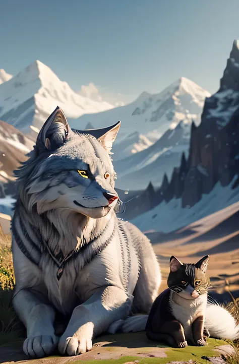 A black kitten and a fluffy silver wolf, looking directly at camera, strike a cat pose, With ultra-clear and ultra-high resolution. The scene takes place outdoors during the day, With distant mountains and grasslands as the background. Black cats are charm...