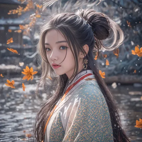 Doomsday Nuclear Ruins 32K（masterpiece，HD，超HD，16k）Flowing short hair，back room pond，Ziddink， a color，  Asian （female student）， （silk scarf）， fighting stance， looking at the audience， long white hair， flowing hair， hanfu， Chinese clothes， long sleeves， （Abs...