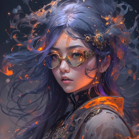 23679 Cyberpunk Year（masterpiece，HD，超HD，32k lotus root starch）Bright purple flowing hair，autumn pond， lotus root starch color， Asian （Michiko）， （silk scarf）， fighting stance， looking at the colorful balloons， Orange gradient long hair， ((Thick frame reflec...